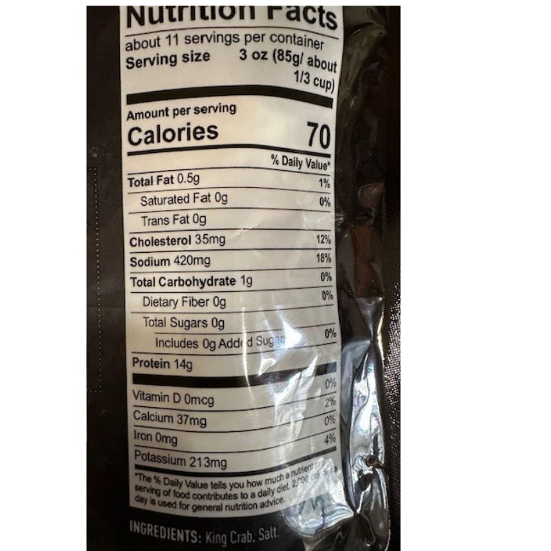 Back of the king crab merus leg meat package with product details