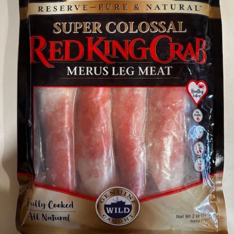 Front of the 2 lb king crab merus leg meat package