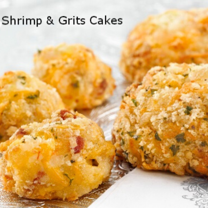 Shrimp and grits cakes with poblano, bacon and cheddar