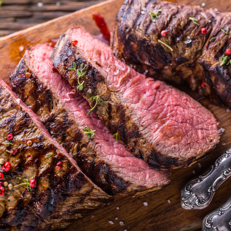Sliced cooked drop cut rib eye steak