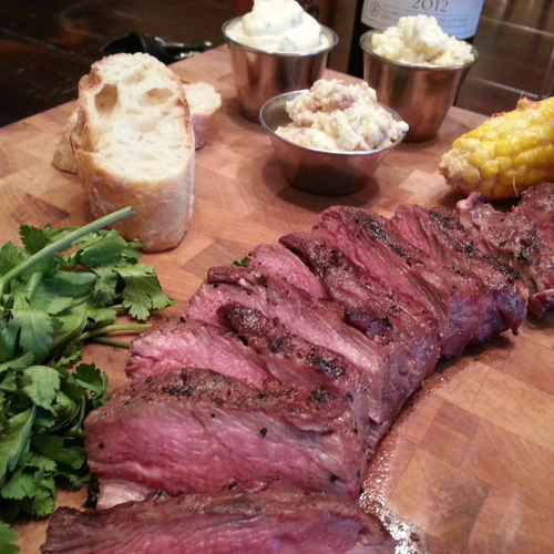 Sliced cooked spinalis ribeye cap steak