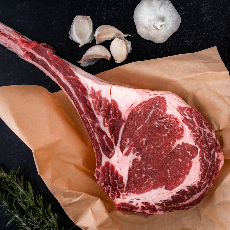 Raw tomahawk ribeye steak with a long frenched bone